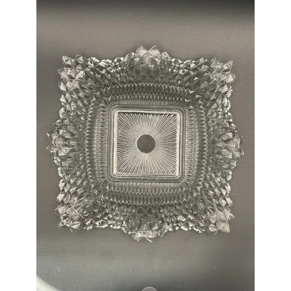 Diamond Point Square Glass‎ Bowl Clear Sunburst Center 7 Inch